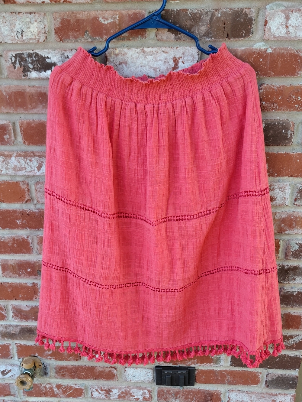 Downeast 100% Cotton Elastic Waist Fringe Midi Skirt Size M Bohemian Beachy